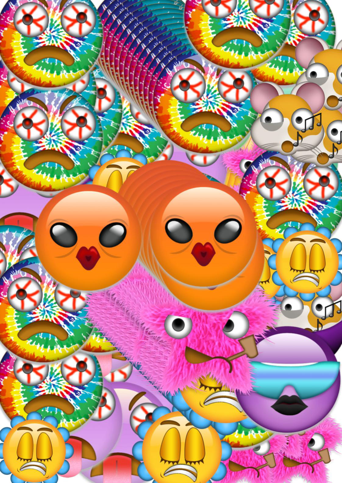 Collage d'élèves : emojis inventés, monstres arc-en-ciel tristes, aliens orange, boule de poils rose