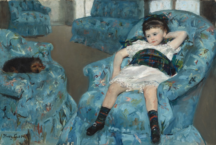 Image mystère n°3 : peinture d'une petite fille affalée dans un grand fauteuil bleu, un petit chien endormi sur le fauteuil voisin