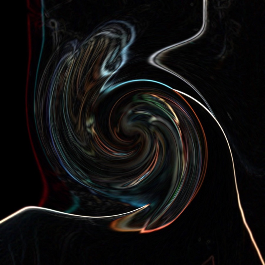 Selfie d'élève rendu abstrait : spirale sombre aux reflets colorés, visage disparu
