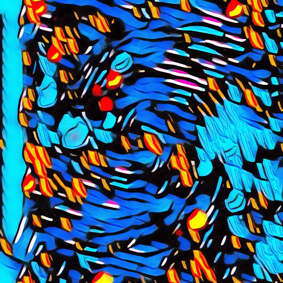 Selfie d'élève rendu abstrait : touches bleues et orange façon peinture, visage disparu