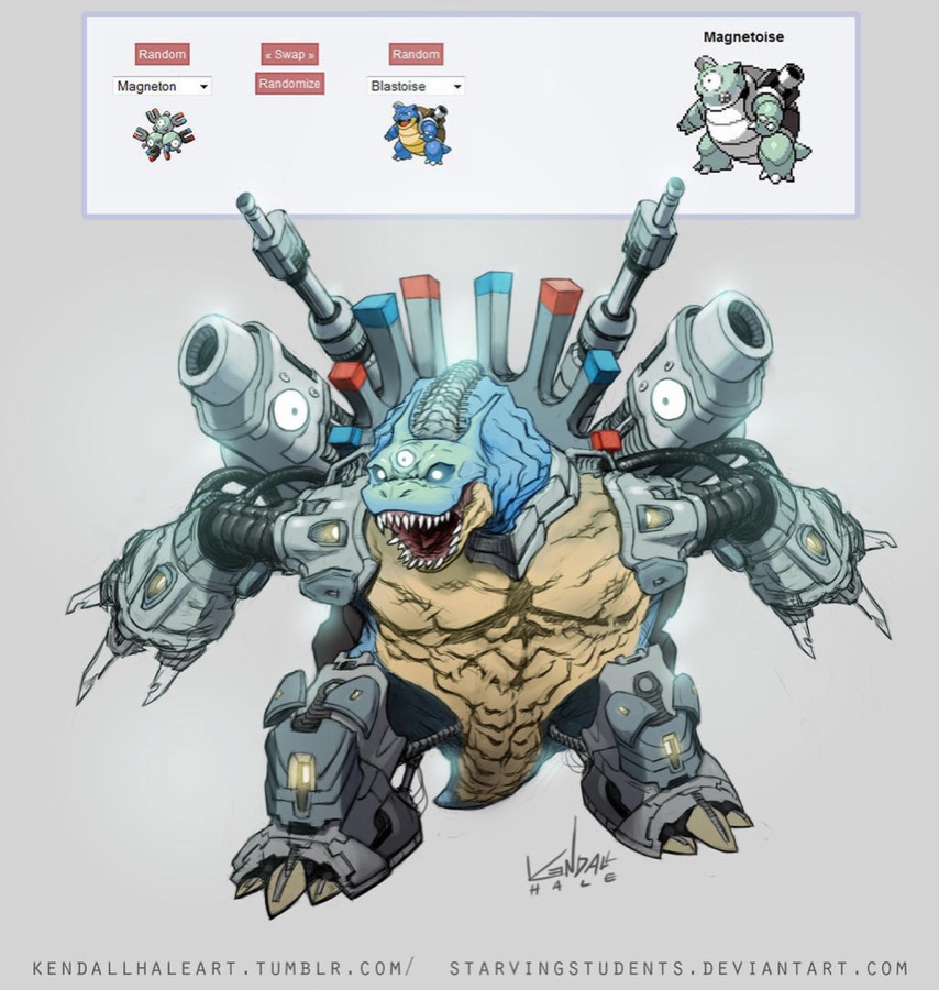 Magnetoise, fusion de Magneton et Blastoise : le petit sprite du générateur redessiné en grande illustration par Kendall Hale