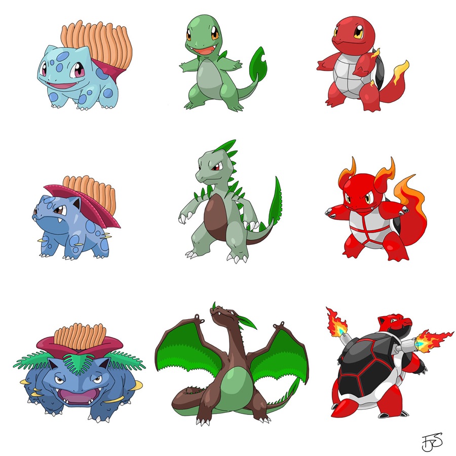 Grille de neuf fusions des pokémon de départ, dessinées par FJS