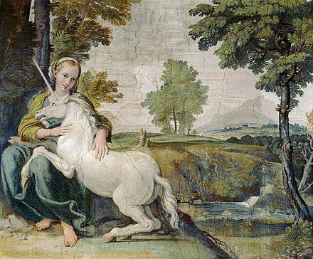 Fresque de Domenichino, vers 1604 : une jeune fille assise enlace une licorne