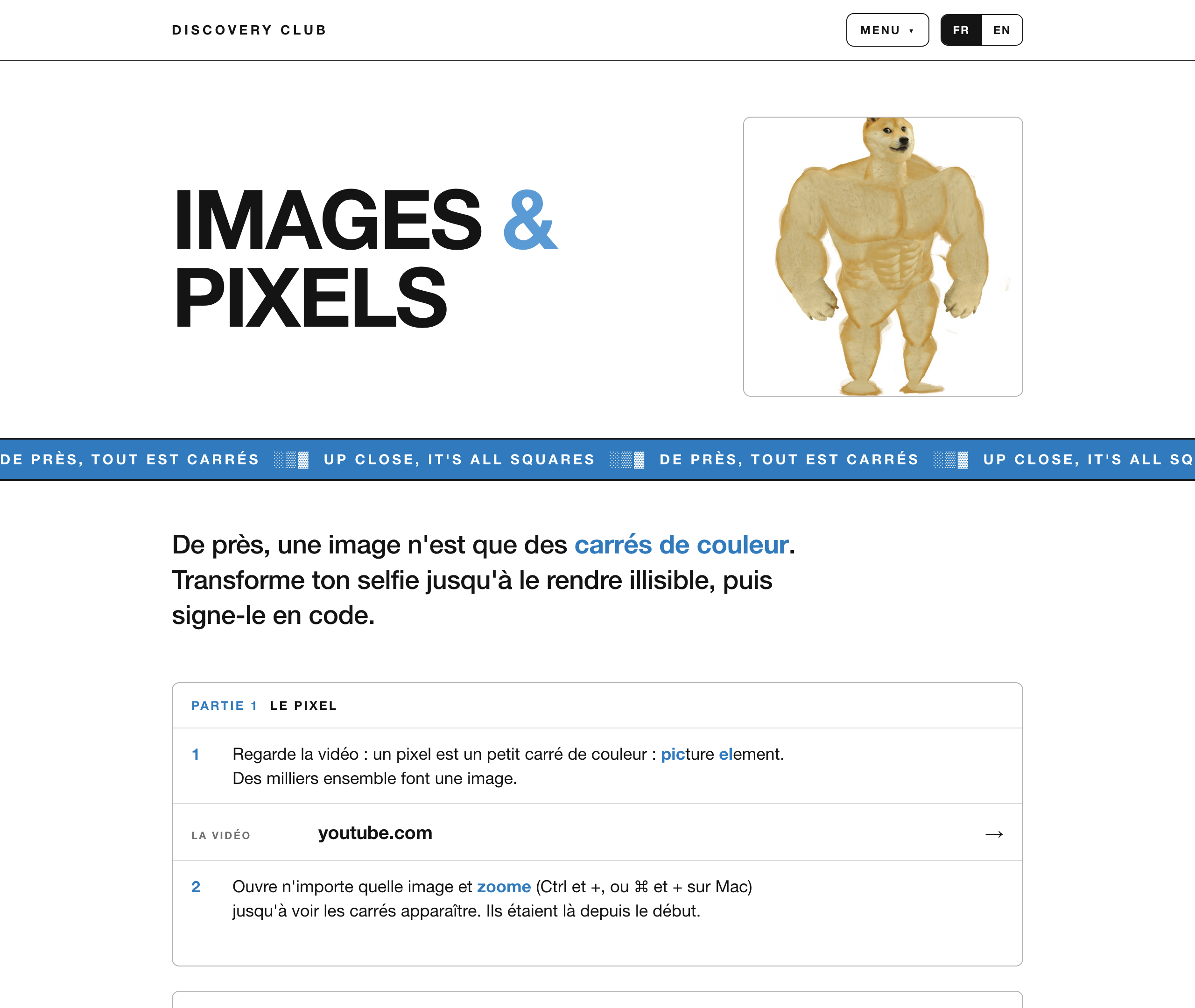 Capture d'écran du haut de la fiche Images & Pixels : en-tête du site, grand titre, image de couverture, bandeau bleu défilant, phrase de mission, puis la carte Partie 1 avec deux étapes et une barre vers la vidéo YouTube.