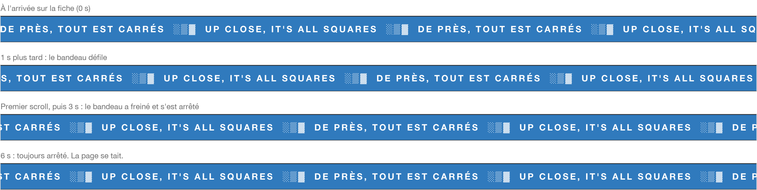 Quatre bandes bleues superposées portant le même texte défilant ; le texte est décalé entre la première et la deuxième, puis identique entre la troisième et la quatrième, montrant l'arrêt.
