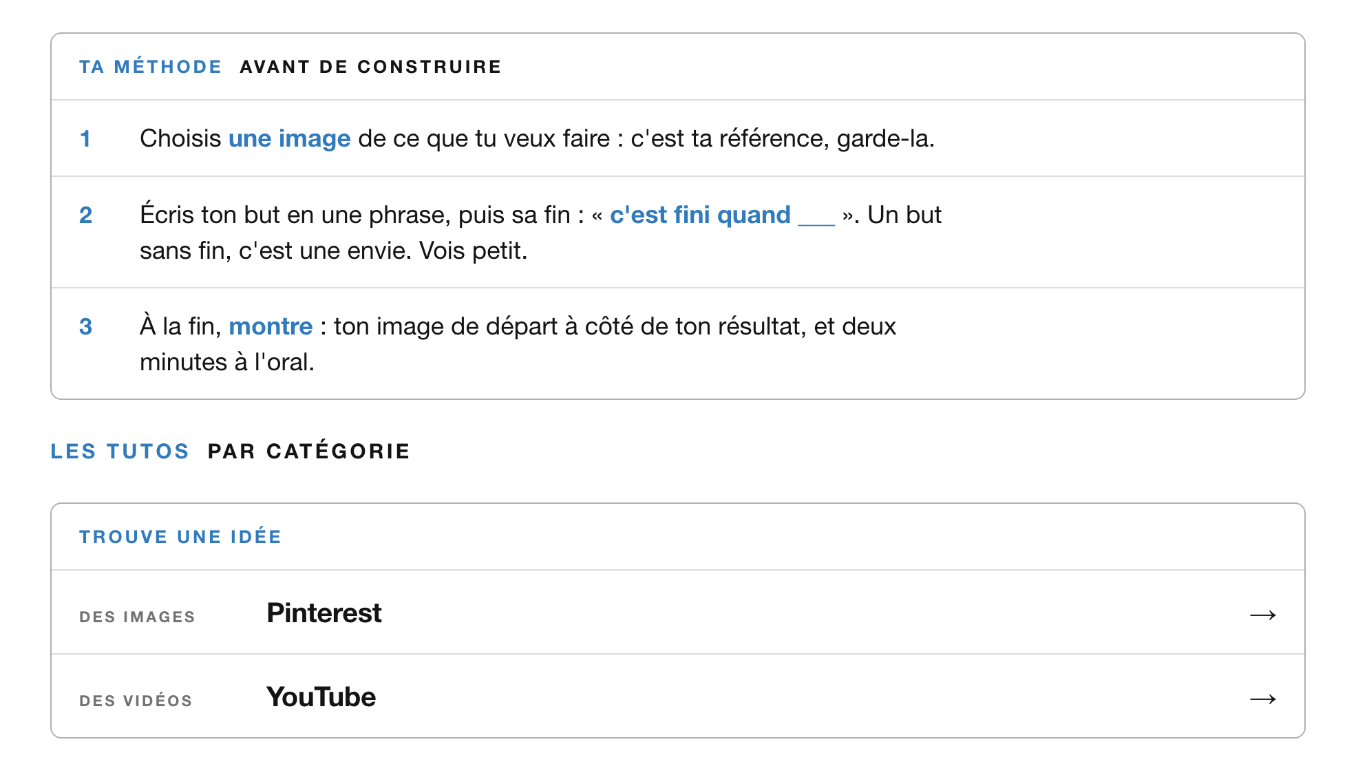 Une carte « Ta méthode, avant de construire » avec trois étapes numérotées, puis le titre « Les tutos, par catégorie » et une première carte « Trouve une idée » listant Pinterest et YouTube.