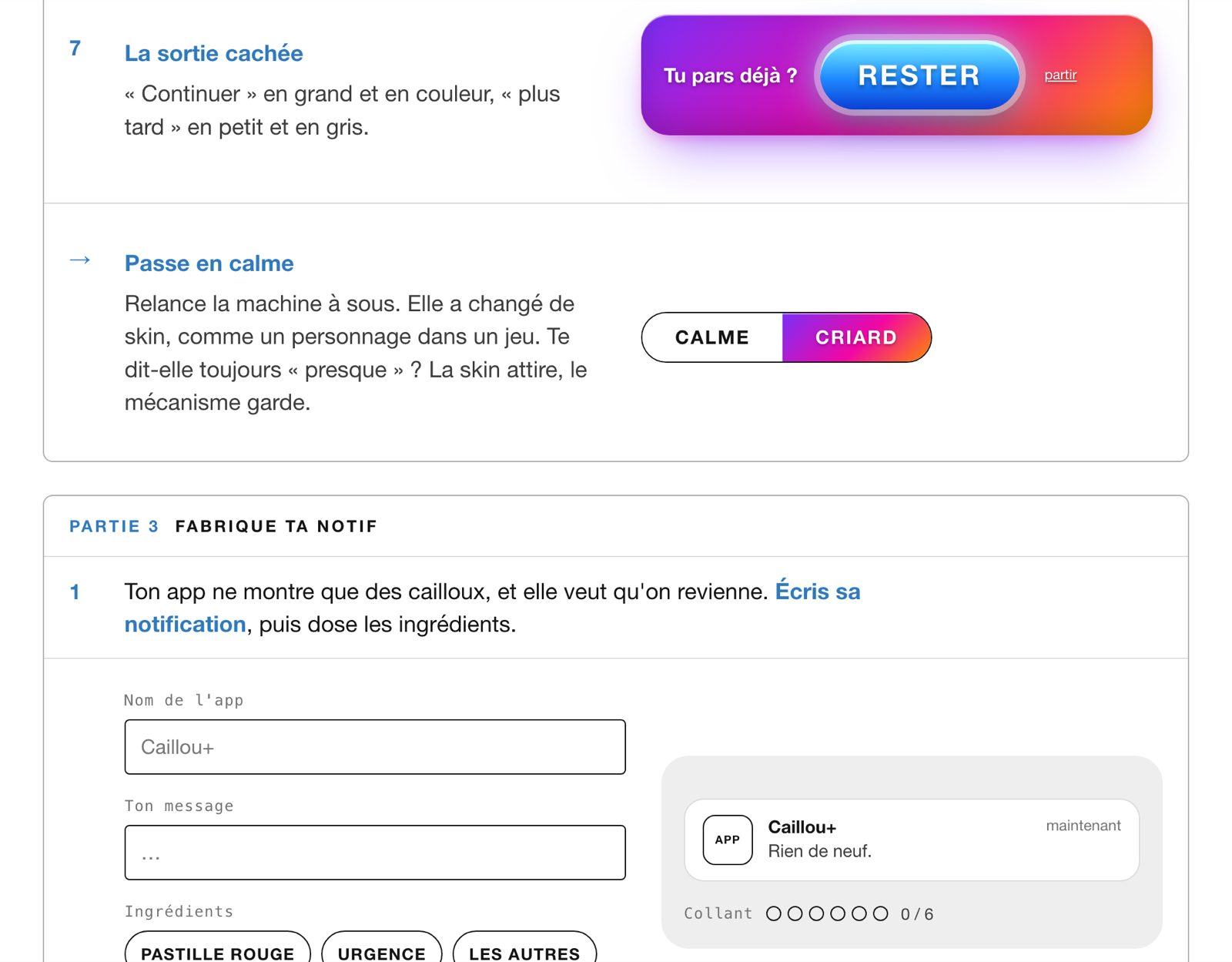 La fin de la partie 2 de Sticky App : le spécimen « la sortie cachée » avec son explication, la ligne « passe en calme », puis le début de la partie 3, Fabrique ta notif, avec ses champs.
